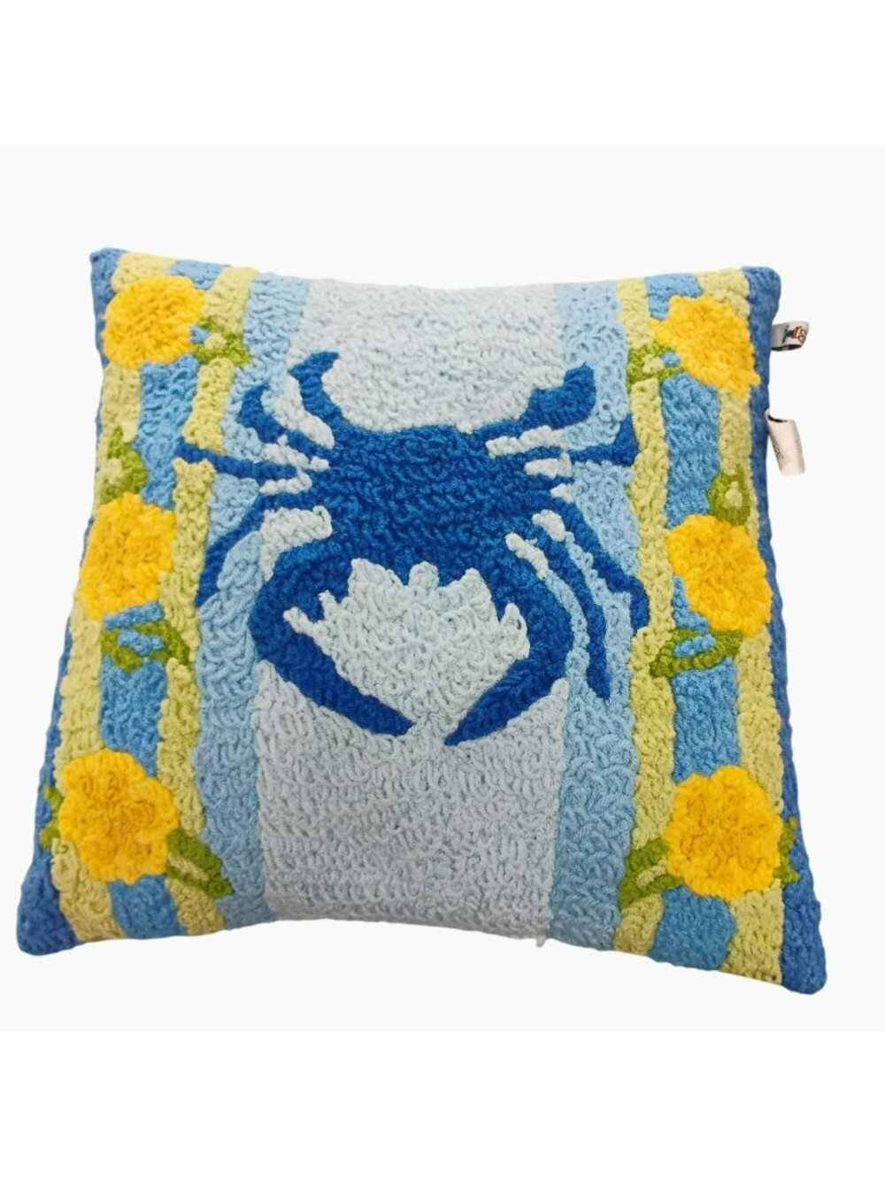 Blue Crab Coastal Hooked Pillow 16" Yellow Floral Accents Nautical Cushion Beach